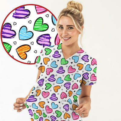 Colorful Doodle Heart Pattern Scrub Top, Comfortable Scrubs for Nurses