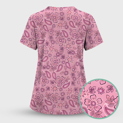 Pink Paisley Floral Nurse Pattern Scrub Top, Comfortable Scrubs for Nurses