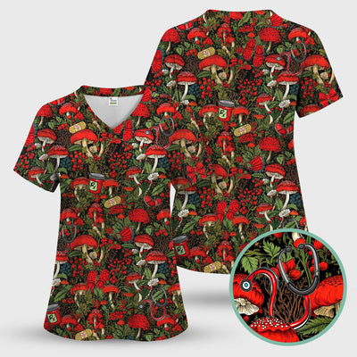 Red Mushroom Medical Forest Pattern Scrub Top, Comfortable Scrubs for Nurses