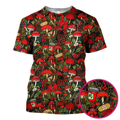Red Mushroom Medical Forest Pattern Scrub Top, Comfortable Scrubs for Nurses