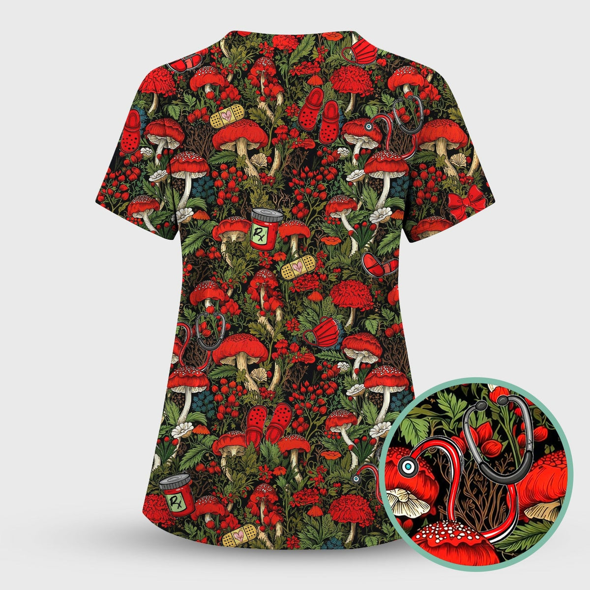 Red Mushroom Medical Forest Pattern Scrub Top, Comfortable Scrubs for Nurses