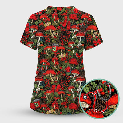 Red Mushroom Medical Forest Pattern Scrub Top, Comfortable Scrubs for Nurses