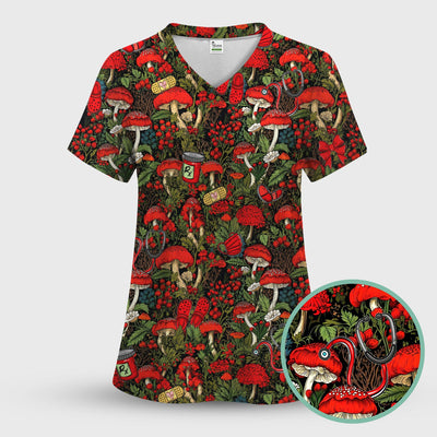 Red Mushroom Medical Forest Pattern Scrub Top, Comfortable Scrubs for Nurses