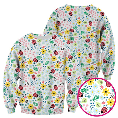Cute Ladybug Floral Garden Print Scrub Top, Comfortable Scrubs for Nurses