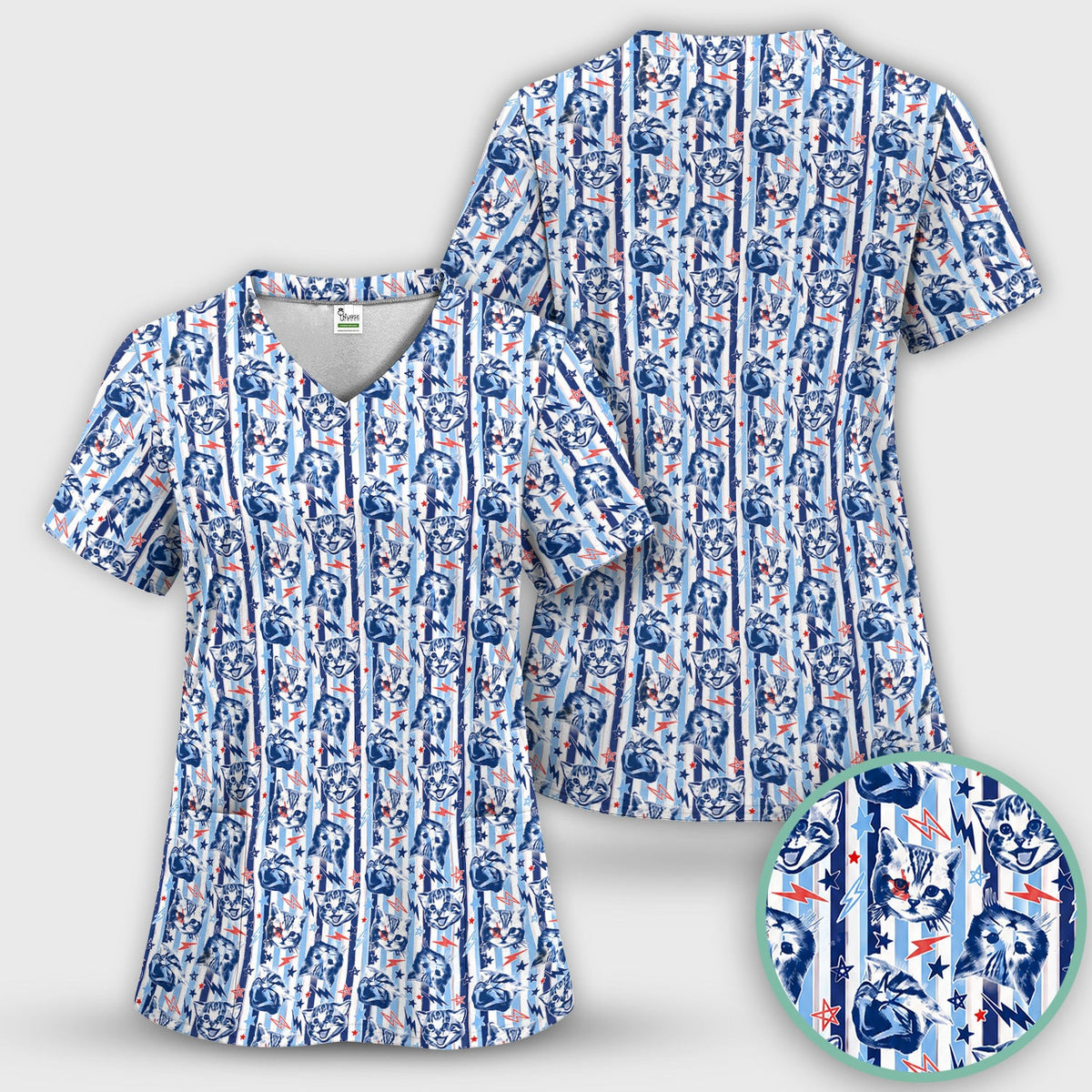 Cute Cat Faces With Lightning Print Scrub Top, Comfortable Scrubs for Nurses