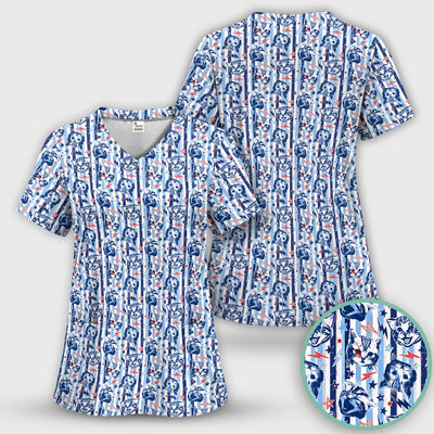 Cute Cat Faces With Lightning Print Scrub Top, Comfortable Scrubs for Nurses