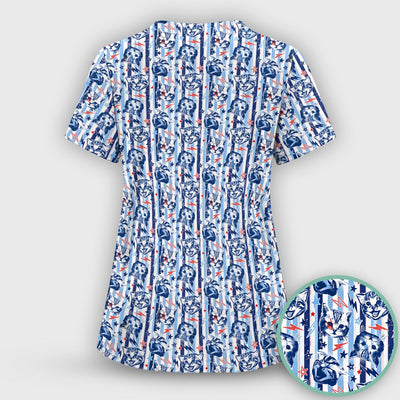 Cute Cat Faces With Lightning Print Scrub Top, Comfortable Scrubs for Nurses