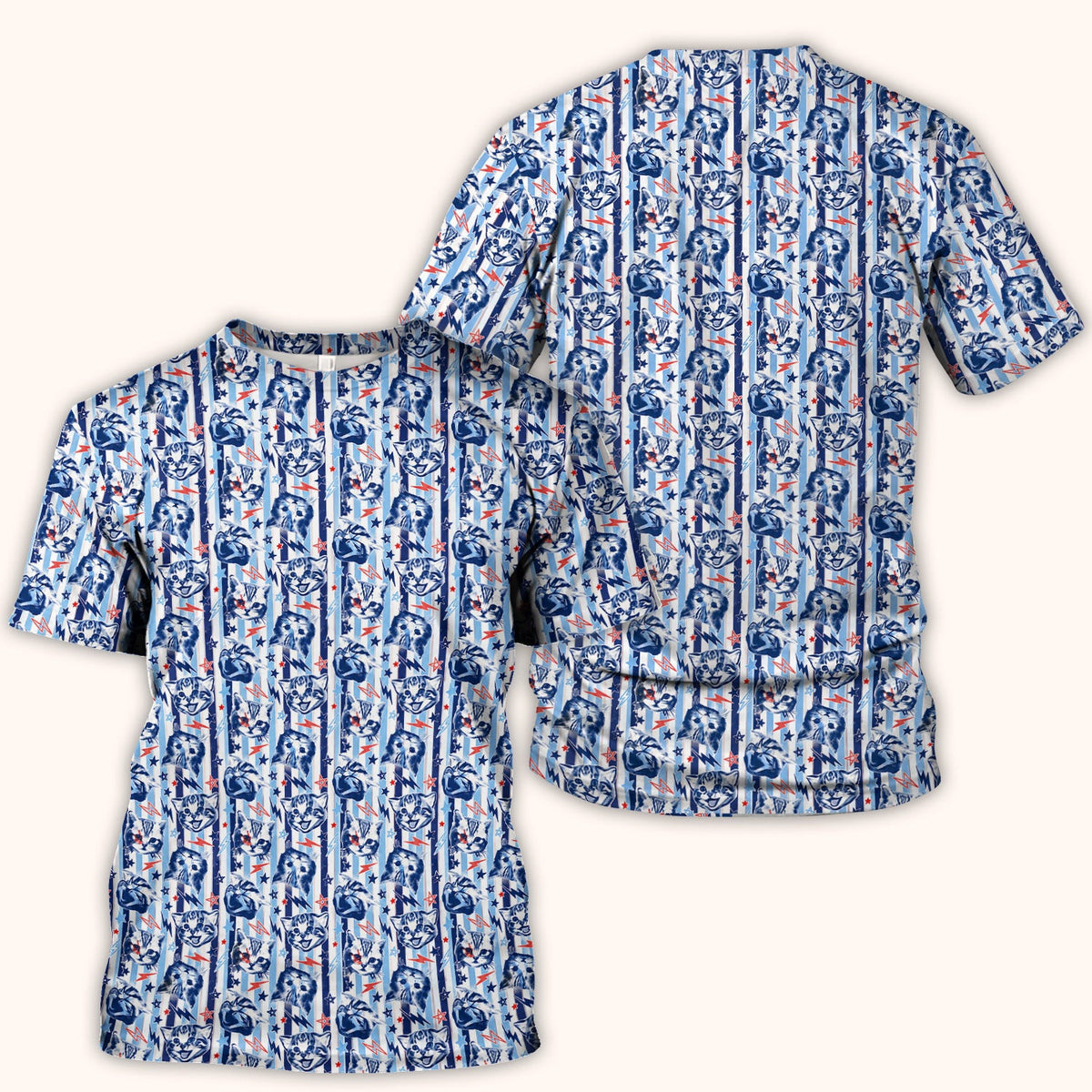 Cute Cat Faces With Lightning Print Scrub Top, Comfortable Scrubs for Nurses