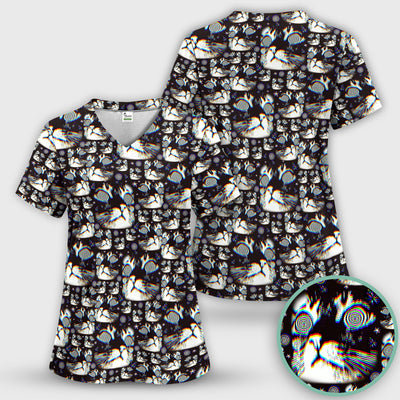 Funny Cosmic Cat Eye Spiral Pattern Scrub Top, Comfortable Scrubs for Nurses