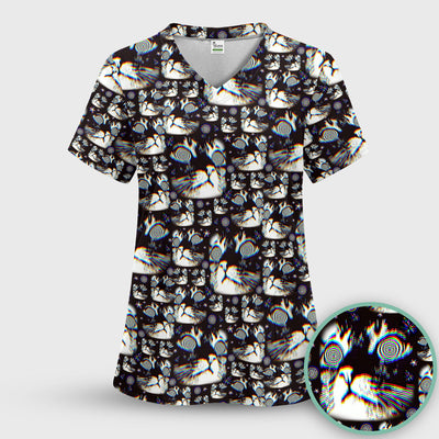 Funny Cosmic Cat Eye Spiral Pattern Scrub Top, Comfortable Scrubs for Nurses
