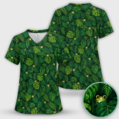 Cute Hidden Frog Jungle Pattern Scrub Top, Comfortable Scrubs for Nurses