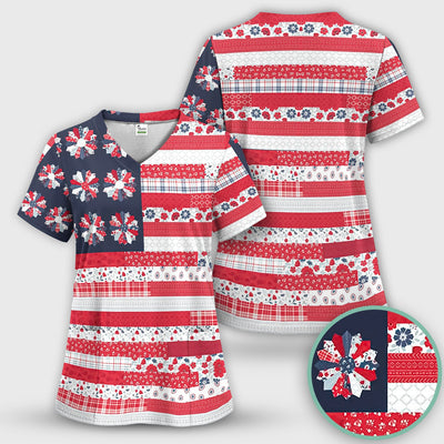 Patriotic Floral Flag Patchwork Pattern Scrub Top, Comfortable Scrubs for Nurses