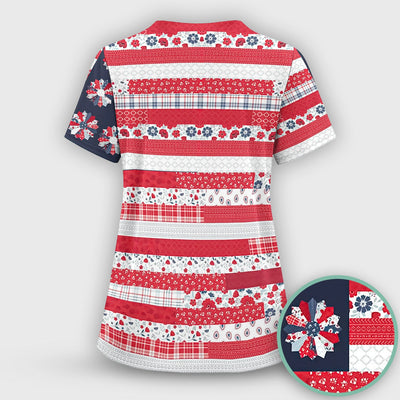 Patriotic Floral Flag Patchwork Pattern Scrub Top, Comfortable Scrubs for Nurses
