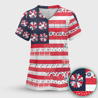 Patriotic Floral Flag Patchwork Pattern Scrub Top, Comfortable Scrubs for Nurses