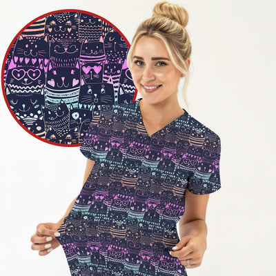 Cute Neon Cat Faces Pattern Scrub Top, Comfortable Scrubs for Nurses