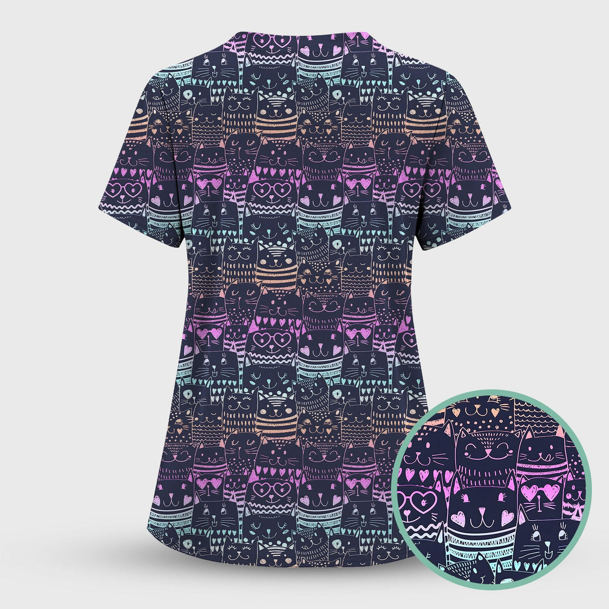 Cute Neon Cat Faces Pattern Scrub Top, Comfortable Scrubs for Nurses