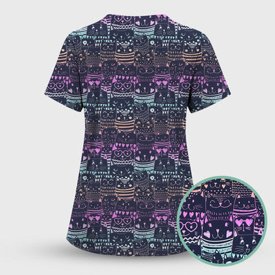 Cute Neon Cat Faces Pattern Scrub Top, Comfortable Scrubs for Nurses