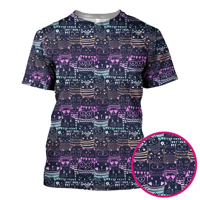 Cute Neon Cat Faces Pattern Scrub Top, Comfortable Scrubs for Nurses