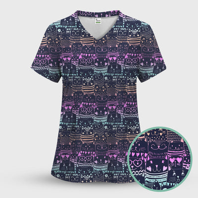 Cute Neon Cat Faces Pattern Scrub Top, Comfortable Scrubs for Nurses