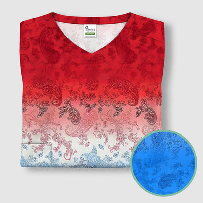 Red Blue Paisley Ombre Pattern Scrub Top, Comfortable Scrubs for Nurses