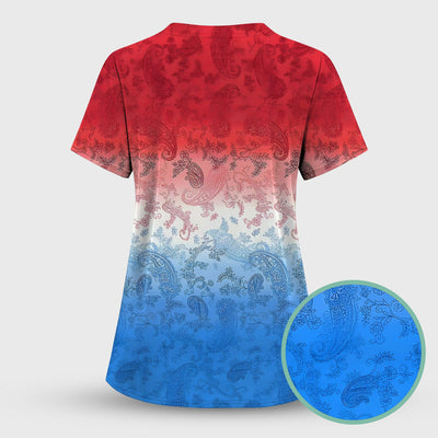 Red Blue Paisley Ombre Pattern Scrub Top, Comfortable Scrubs for Nurses