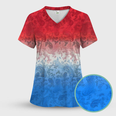 Red Blue Paisley Ombre Pattern Scrub Top, Comfortable Scrubs for Nurses