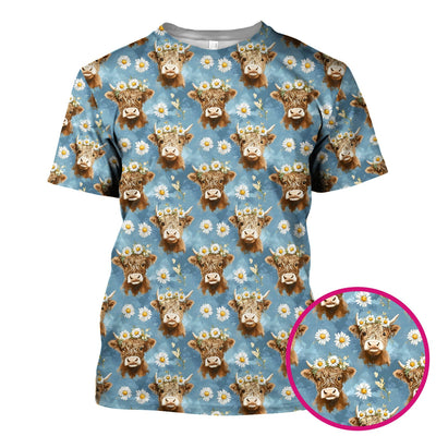 Highland Cow Daisy Flower Pattern Scrub Top, Comfortable Scrubs for Nurses
