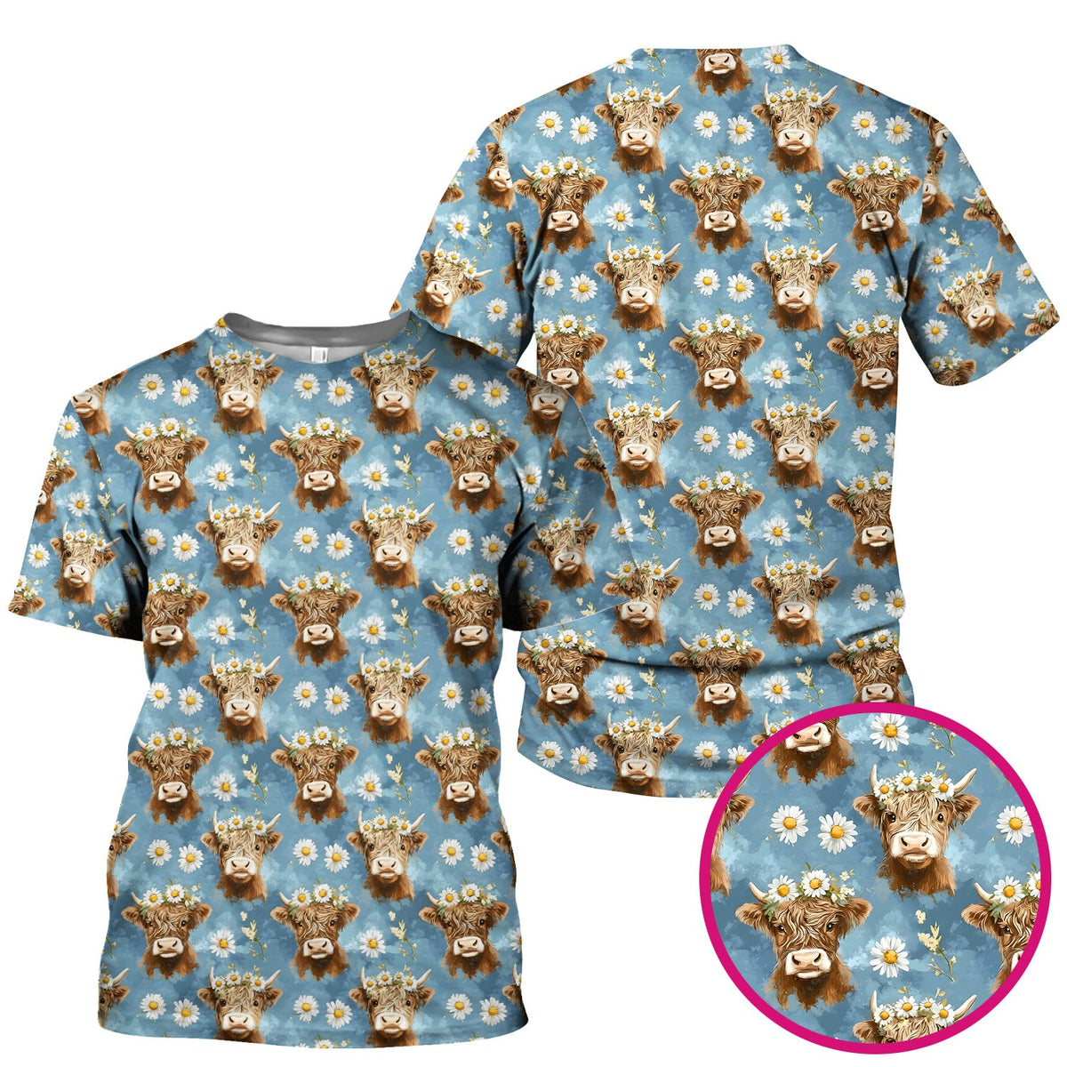Highland Cow Daisy Flower Pattern Scrub Top, Comfortable Scrubs for Nurses