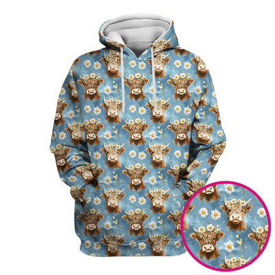 Highland Cow Daisy Flower Pattern Scrub Top, Comfortable Scrubs for Nurses