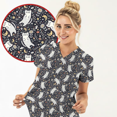 Moonlit Floral Cat Seamless Pattern Scrub Top, Comfortable Scrubs for Nurses
