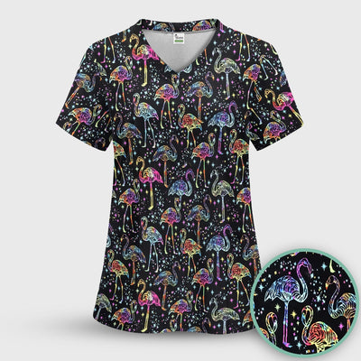 Neon Flamingo Starry Night Pattern Scrub Top, Comfortable Scrubs for Nurses