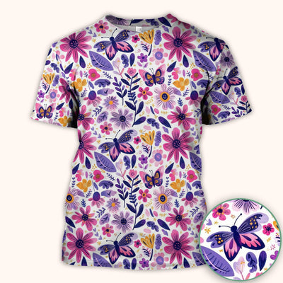 Cute Butterfly Wildflower Garden Pattern Scrub Top, Comfortable Scrubs for Nurses