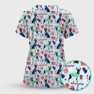 Patriotic Doberman Liberty Fireworks Pattern Scrub Top, Comfortable Scrubs for Nurses