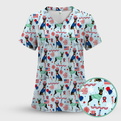 Patriotic Doberman Liberty Fireworks Pattern Scrub Top, Comfortable Scrubs for Nurses