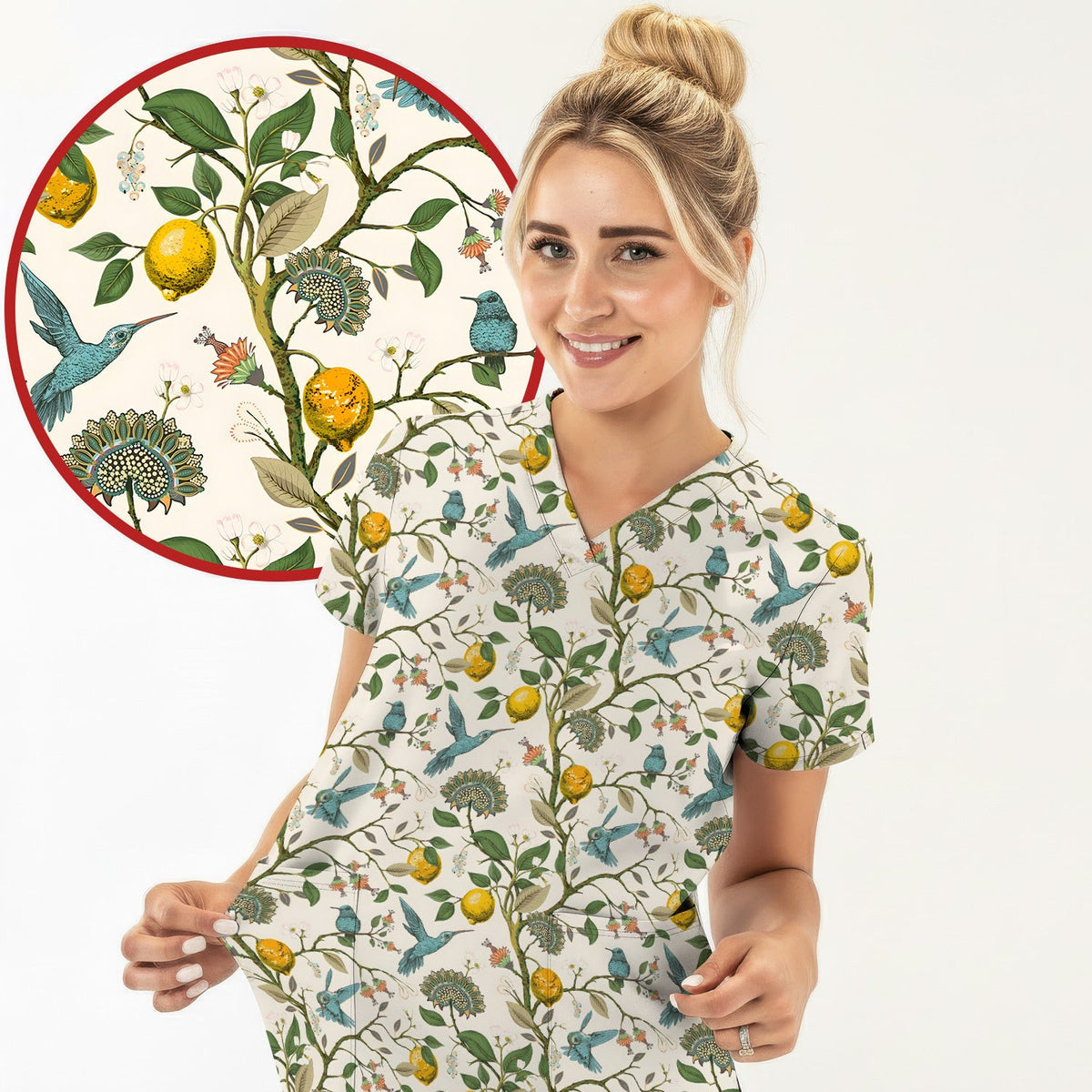 Cute Hummingbird Lemon Floral Pattern Scrub Top, Comfortable Scrubs for Nurses
