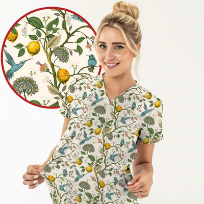 Cute Hummingbird Lemon Floral Pattern Scrub Top, Comfortable Scrubs for Nurses