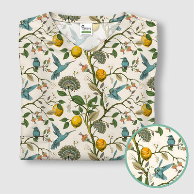 Cute Hummingbird Lemon Floral Pattern Scrub Top, Comfortable Scrubs for Nurses