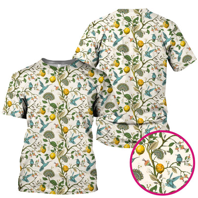 Cute Hummingbird Lemon Floral Pattern Scrub Top, Comfortable Scrubs for Nurses