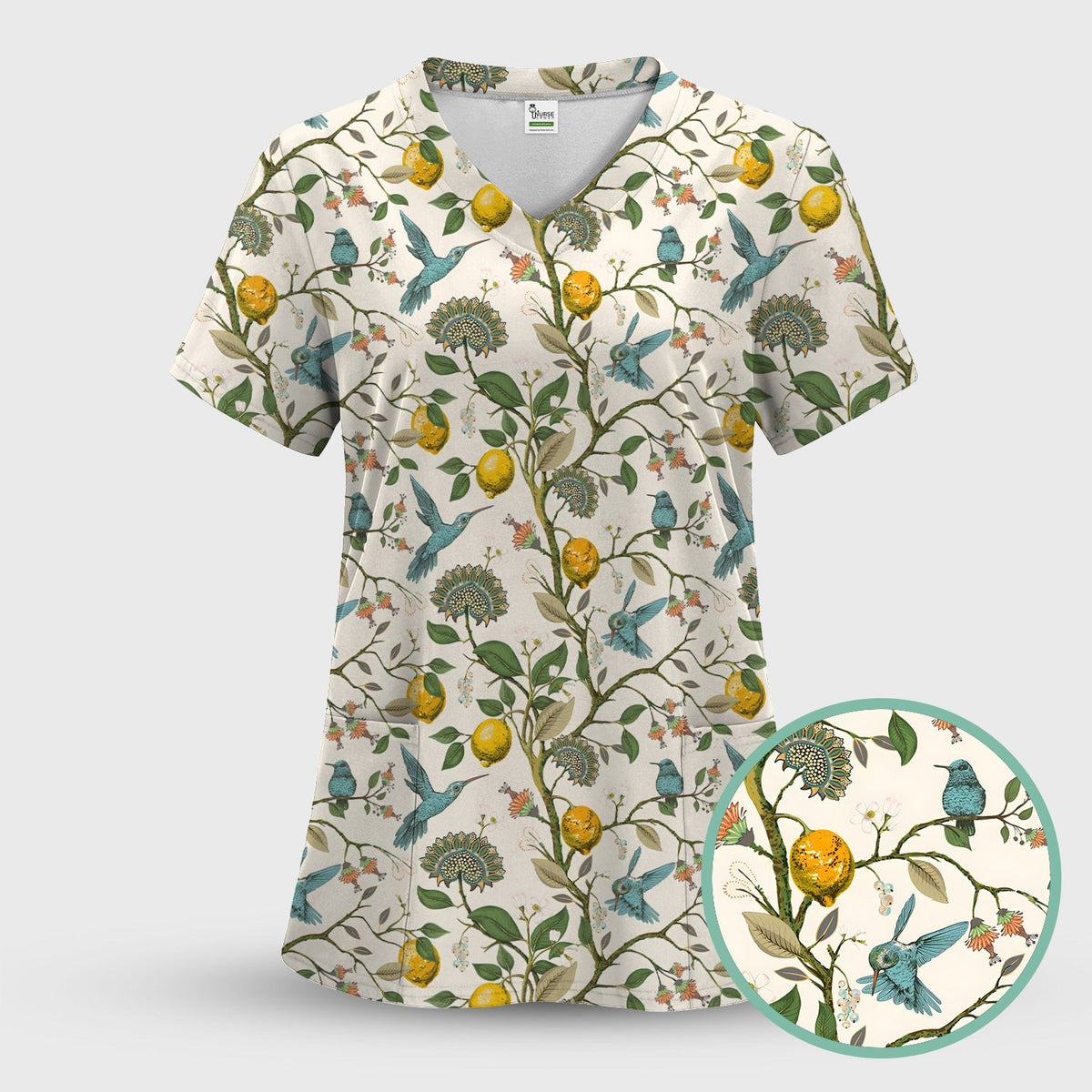 Cute Hummingbird Lemon Floral Pattern Scrub Top, Comfortable Scrubs for Nurses