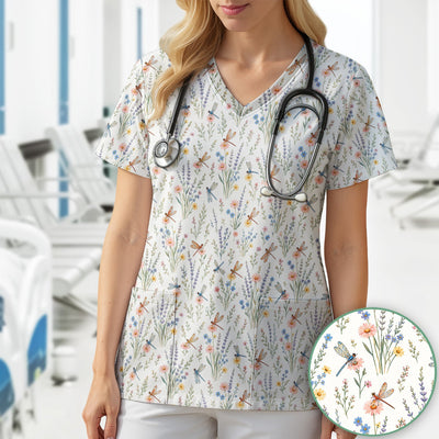 Dragonfly Wildflower Meadow Pattern Scrub Top, Comfortable Scrubs for Nurses