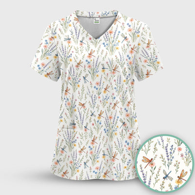 Dragonfly Wildflower Meadow Pattern Scrub Top, Comfortable Scrubs for Nurses