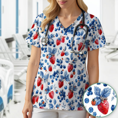 Cute Strawberry Blueberry Ladybug Pattern Scrub Top, Comfortable Scrubs for Nurses