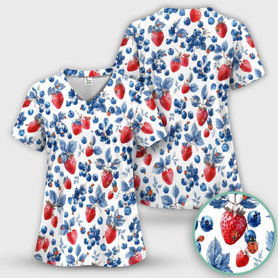 Cute Strawberry Blueberry Ladybug Pattern Scrub Top, Comfortable Scrubs for Nurses