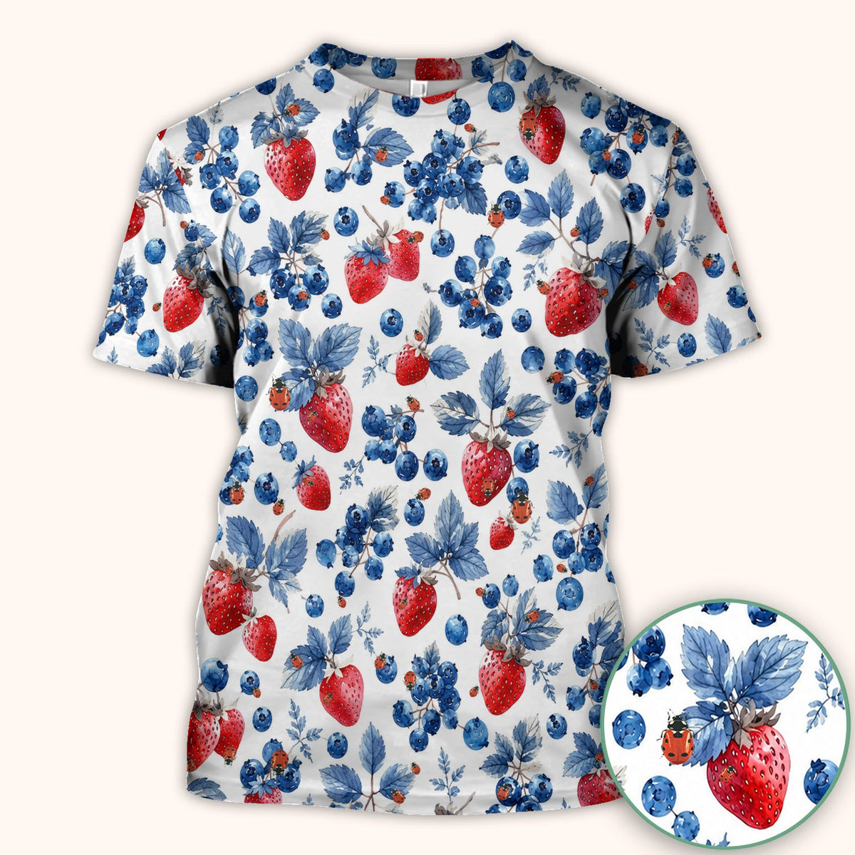 Cute Strawberry Blueberry Ladybug Pattern Scrub Top, Comfortable Scrubs for Nurses