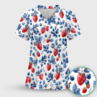 Cute Strawberry Blueberry Ladybug Pattern Scrub Top, Comfortable Scrubs for Nurses