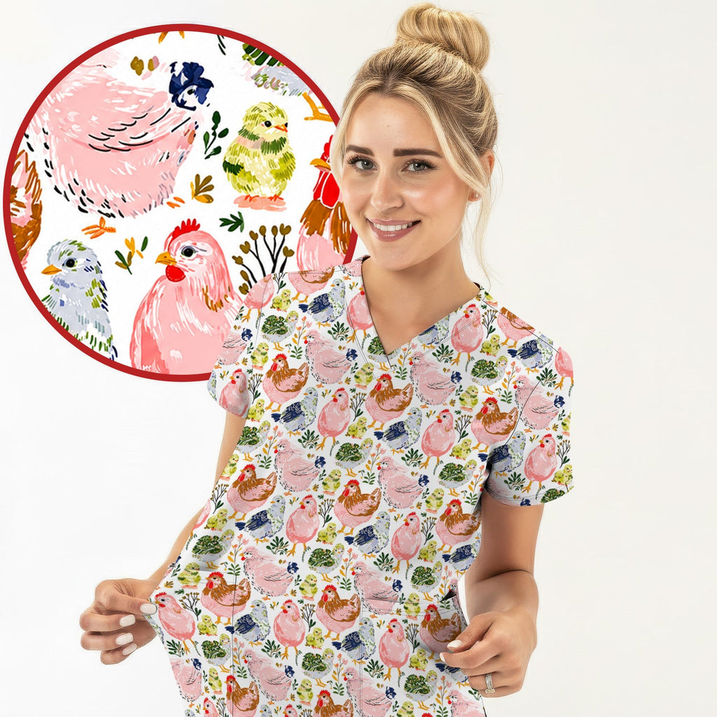 Cute Farm Chicken Hen Chick Pattern Scrub Top, Comfortable Scrubs for Nurses