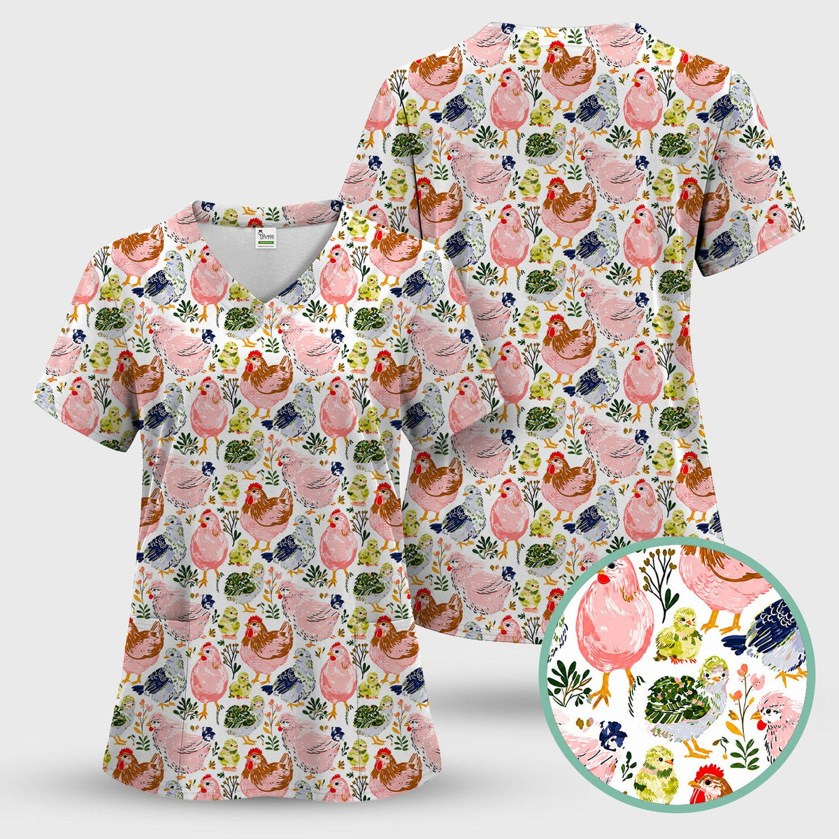 Cute Farm Chicken Hen Chick Pattern Scrub Top, Comfortable Scrubs for Nurses