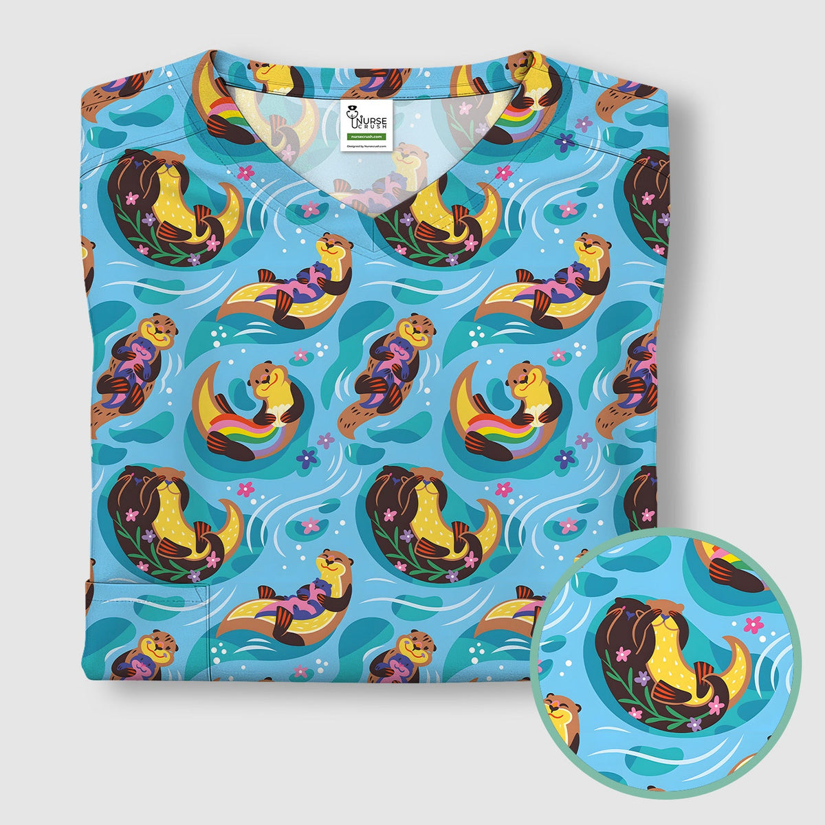 Otter Floating River Rainbow Pattern Scrub Top, Comfortable Scrubs for Nurses