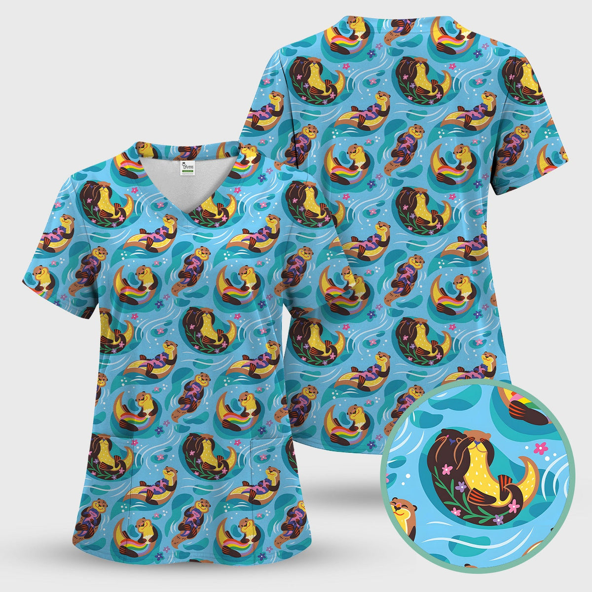 Otter Floating River Rainbow Pattern Scrub Top, Comfortable Scrubs for Nurses