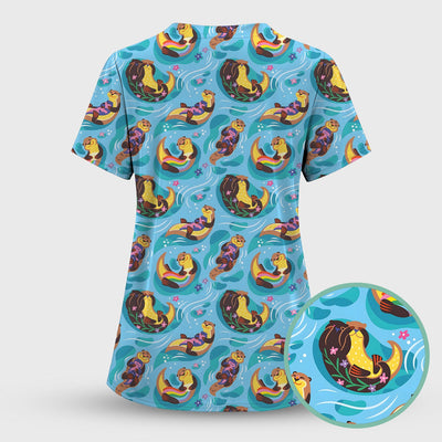 Otter Floating River Rainbow Pattern Scrub Top, Comfortable Scrubs for Nurses